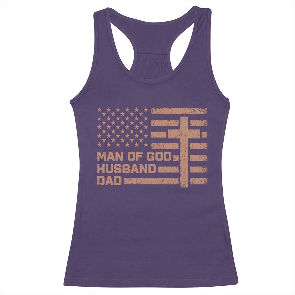 Man of God Husband Dad Christian Dad Father's Day Racerback Tank Top Vintage American Flag