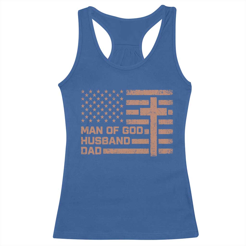 Man of God Husband Dad Christian Dad Father's Day Racerback Tank Top Vintage American Flag