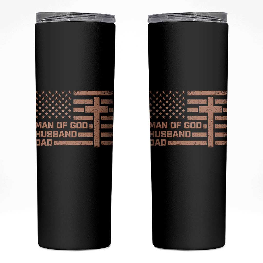 Man of God Husband Dad Christian Dad Father's Day Skinny Tumbler Vintage American Flag