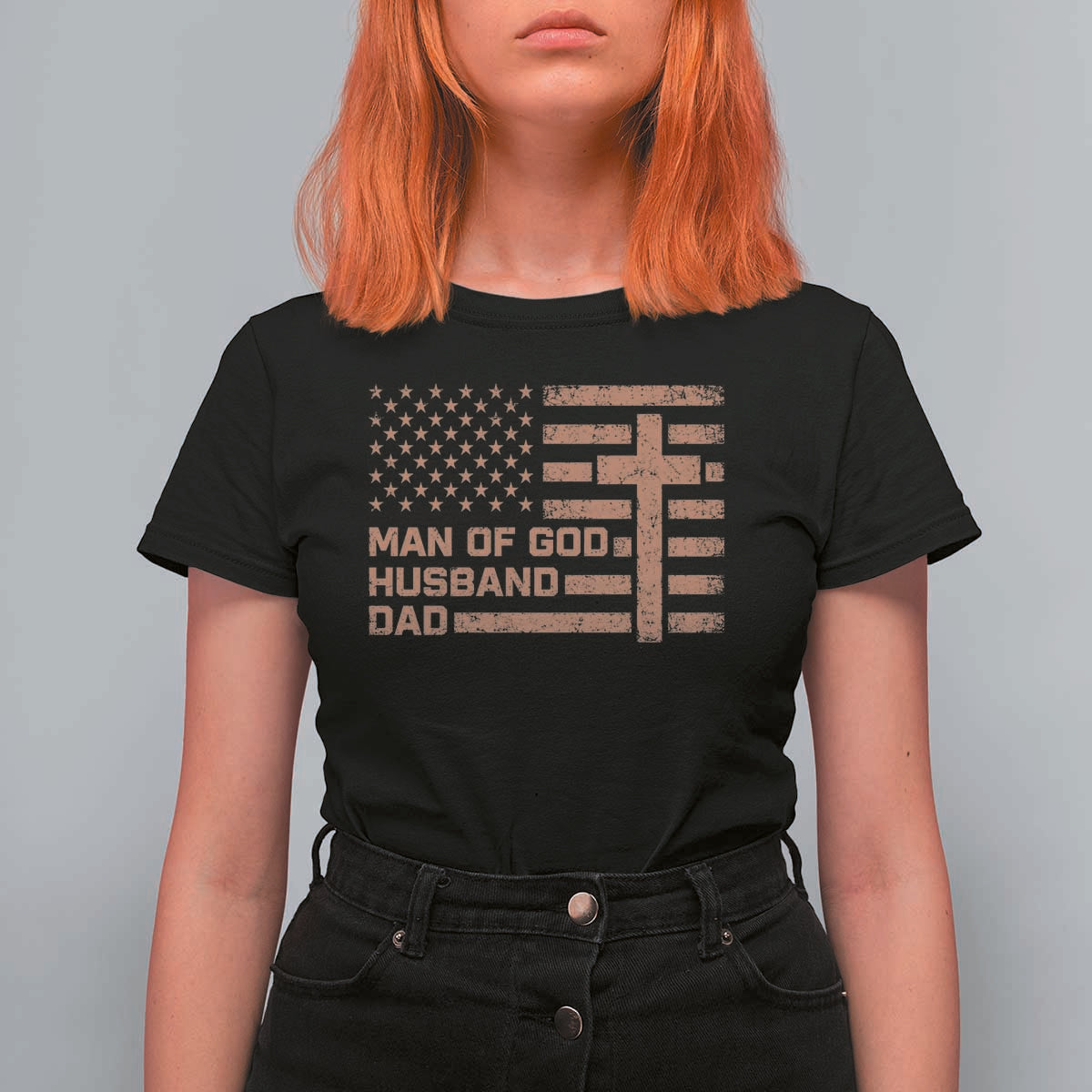 Man of God Husband Dad Christian Dad Father's Day T Shirt For Women Vintage American Flag