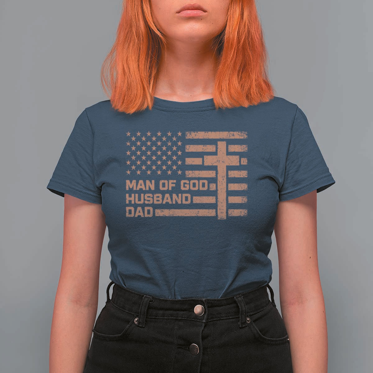 Man of God Husband Dad Christian Dad Father's Day T Shirt For Women Vintage American Flag