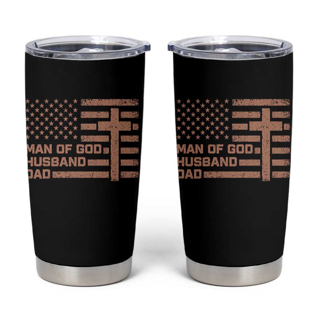 Man of God Husband Dad Christian Dad Father's Day Tumbler Cup Vintage American Flag
