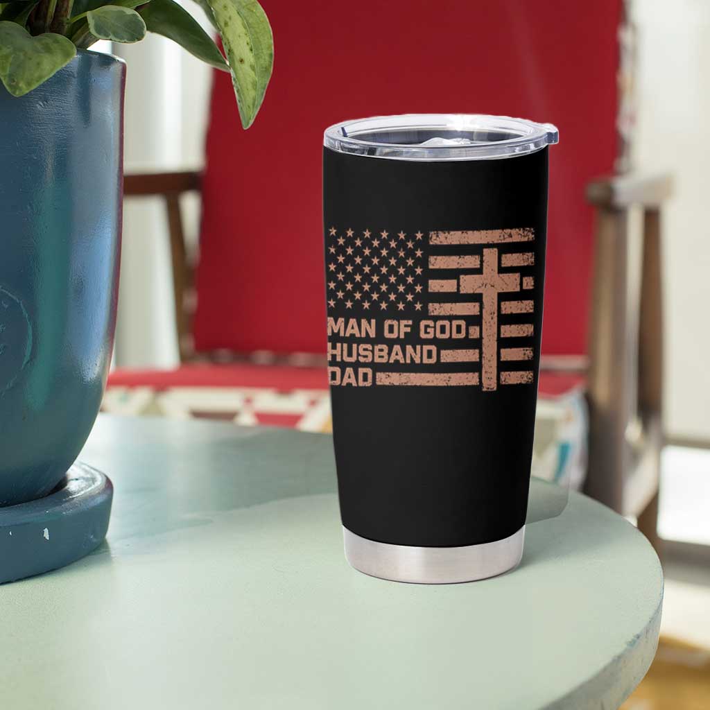 Man of God Husband Dad Christian Dad Father's Day Tumbler Cup Vintage American Flag