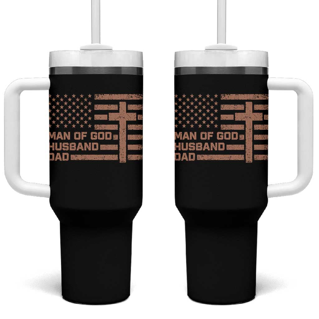 Man of God Husband Dad Christian Dad Father's Day Tumbler With Handle Vintage American Flag
