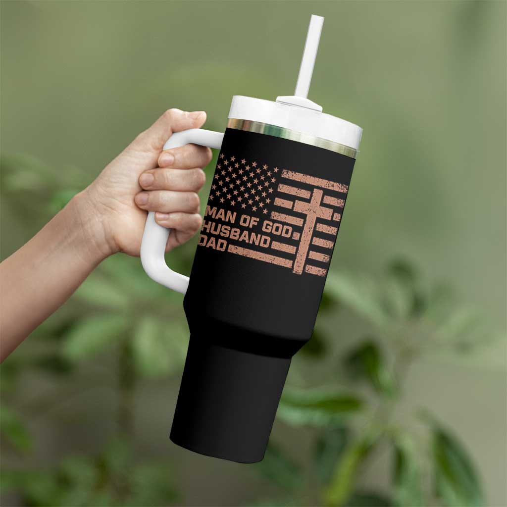 Man of God Husband Dad Christian Dad Father's Day Tumbler With Handle Vintage American Flag
