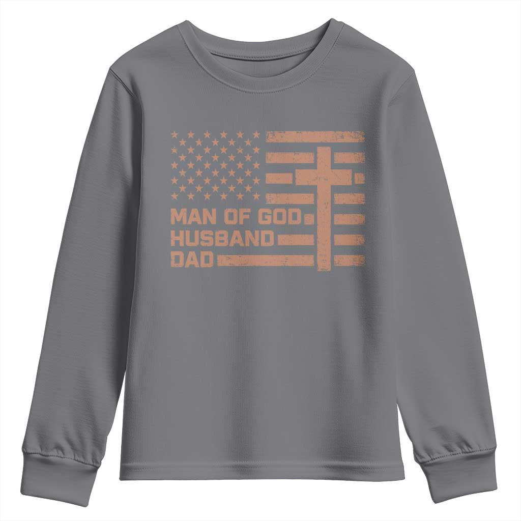 Man of God Husband Dad Christian Dad Father's Day Youth Sweatshirt Vintage American Flag