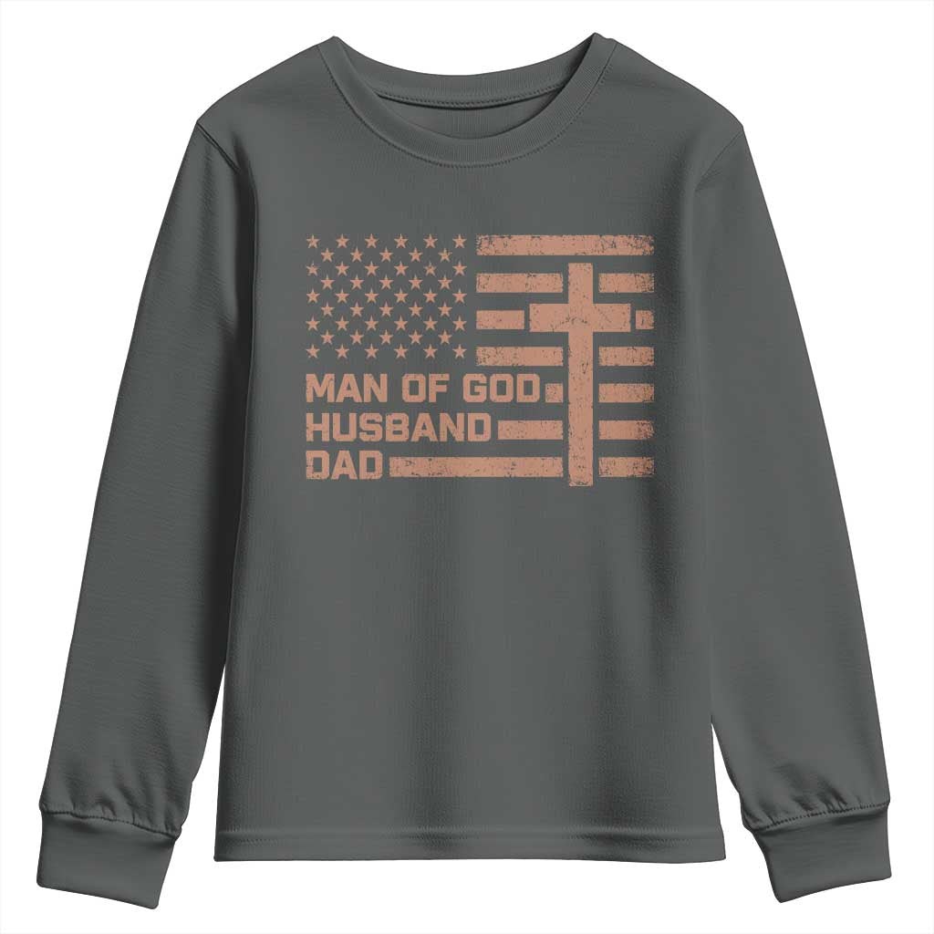Man of God Husband Dad Christian Dad Father's Day Youth Sweatshirt Vintage American Flag