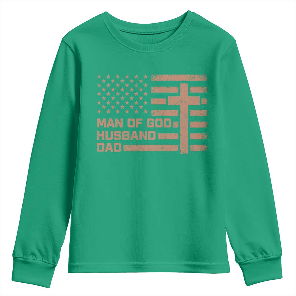 Man of God Husband Dad Christian Dad Father's Day Youth Sweatshirt Vintage American Flag