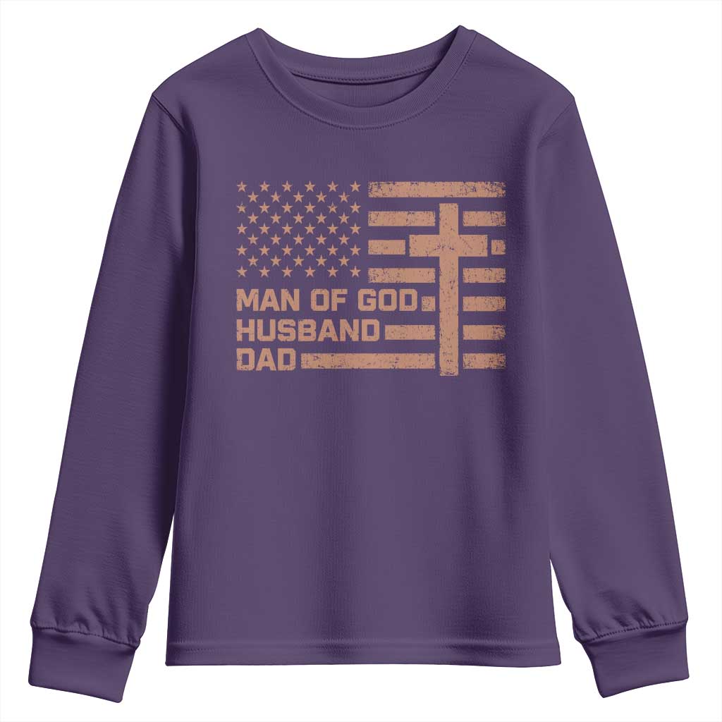 Man of God Husband Dad Christian Dad Father's Day Youth Sweatshirt Vintage American Flag
