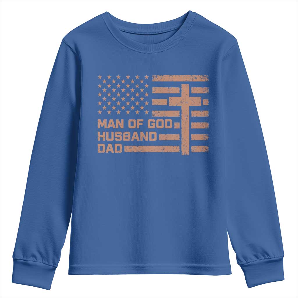Man of God Husband Dad Christian Dad Father's Day Youth Sweatshirt Vintage American Flag