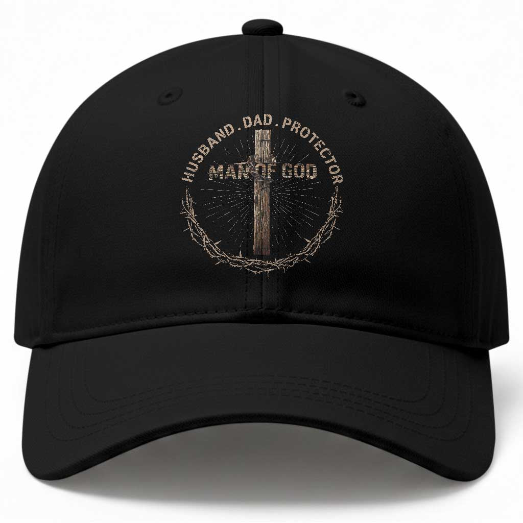 Man Of God Husband Dad Protector Baseball Cap Christian Dad Vintage Jesus Cross