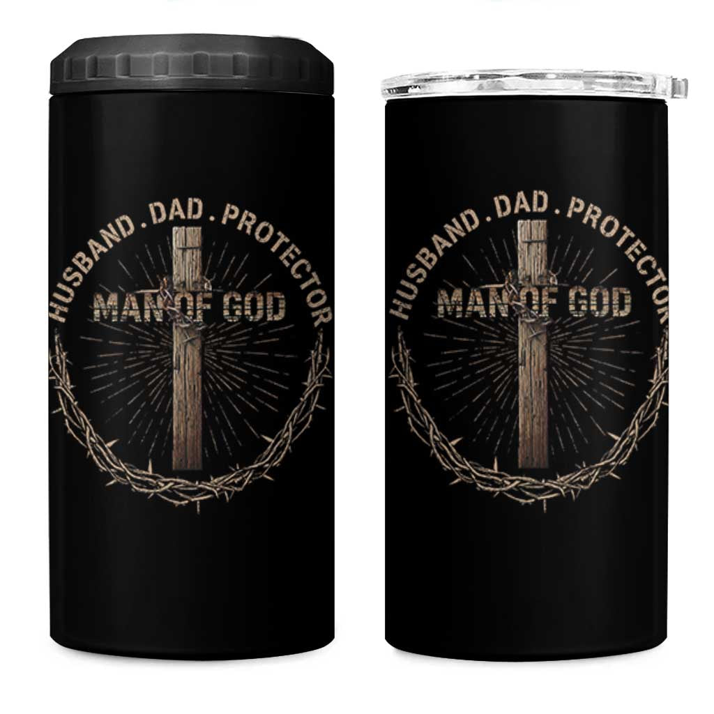 Man Of God Husband Dad Protector 4 in 1 Can Cooler Tumbler Christian Dad Vintage Jesus Cross