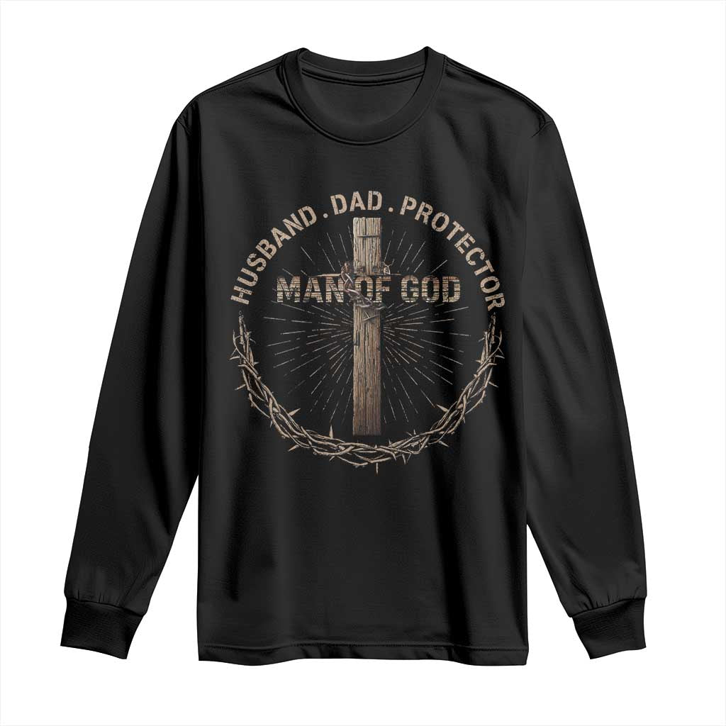 Man Of God Husband Dad Protector Long Sleeve Shirt Christian Dad Vintage Jesus Cross