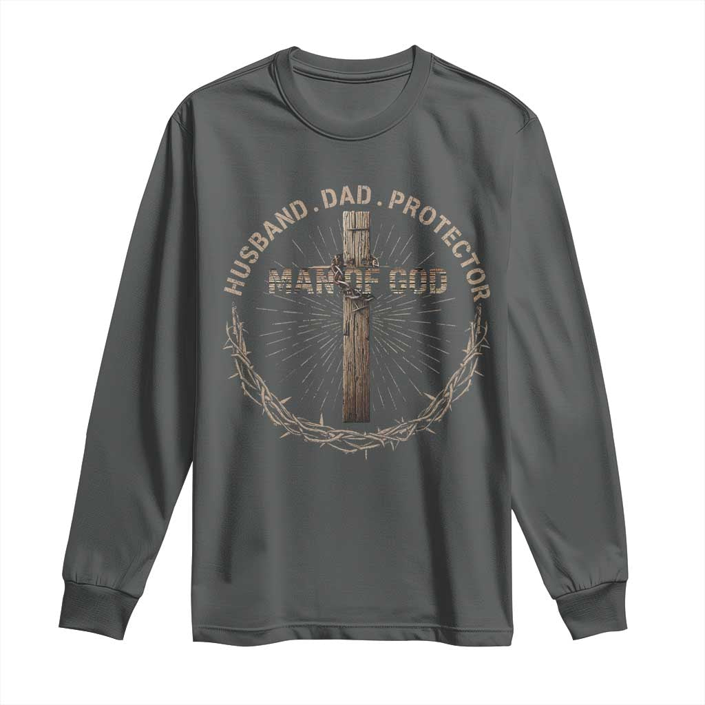 Man Of God Husband Dad Protector Long Sleeve Shirt Christian Dad Vintage Jesus Cross