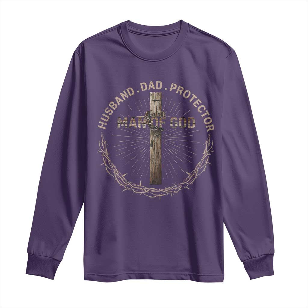 Man Of God Husband Dad Protector Long Sleeve Shirt Christian Dad Vintage Jesus Cross