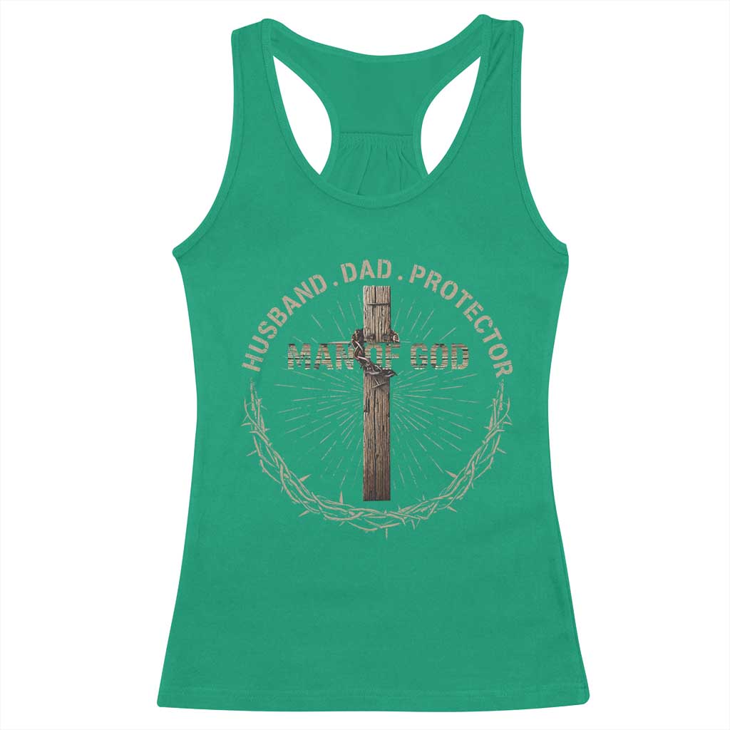 Man Of God Husband Dad Protector Racerback Tank Top Christian Dad Vintage Jesus Cross
