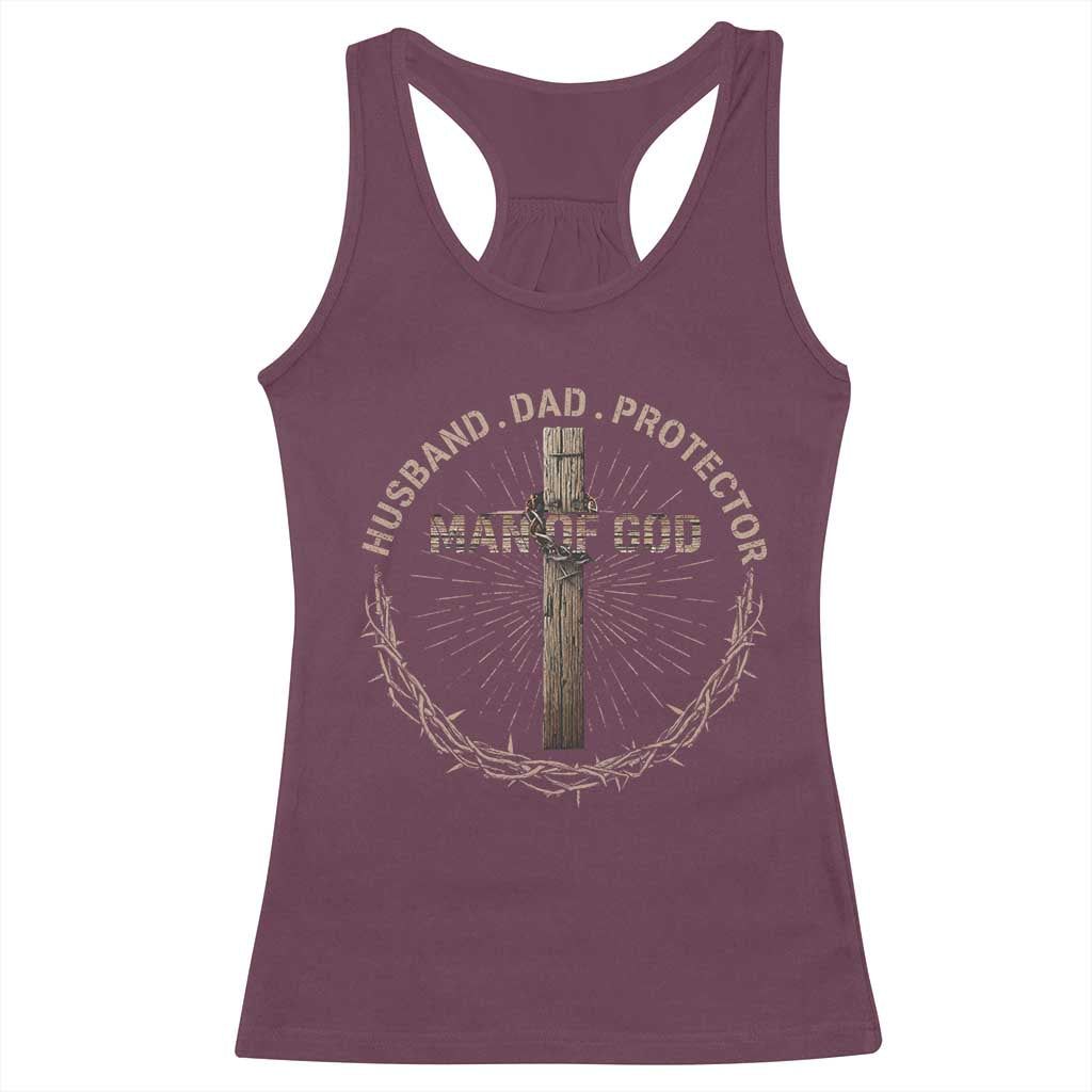 Man Of God Husband Dad Protector Racerback Tank Top Christian Dad Vintage Jesus Cross