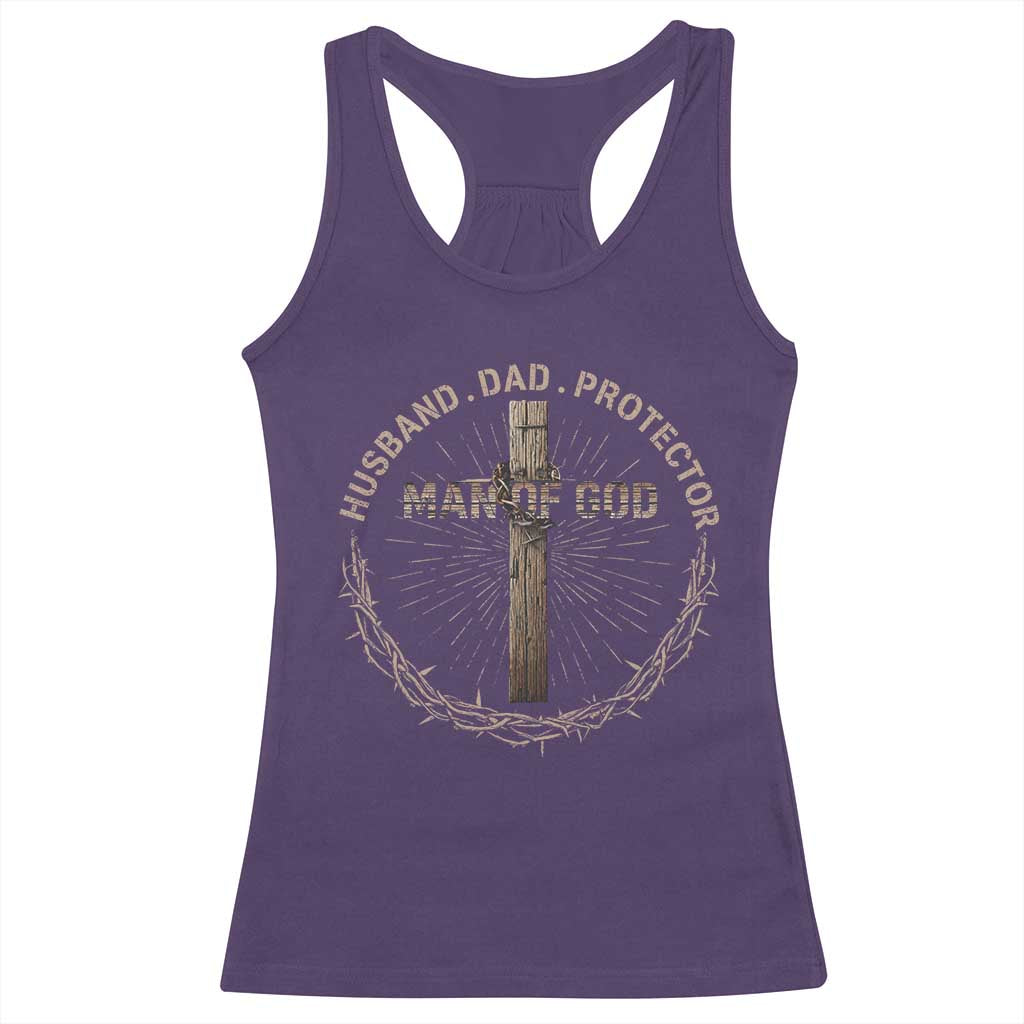 Man Of God Husband Dad Protector Racerback Tank Top Christian Dad Vintage Jesus Cross