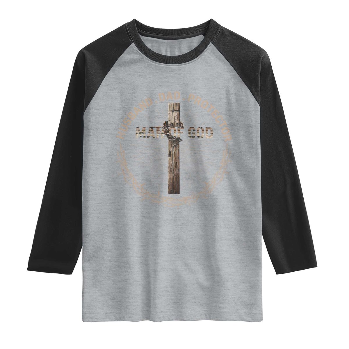Man Of God Husband Dad Protector Raglan Shirt Christian Dad Vintage Jesus Cross