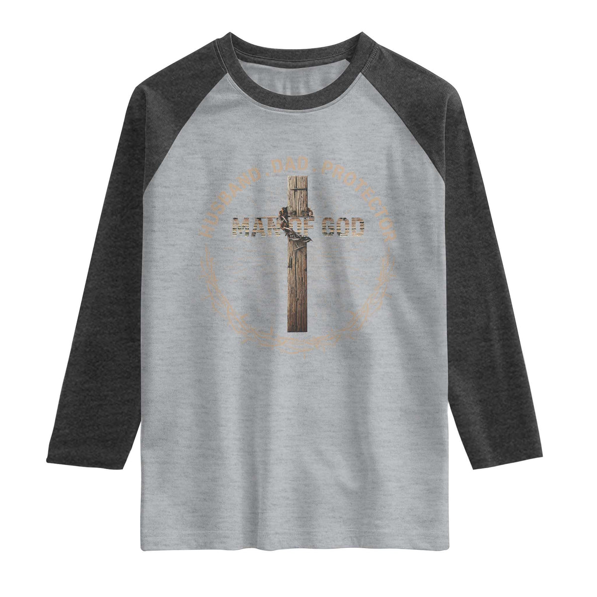 Man Of God Husband Dad Protector Raglan Shirt Christian Dad Vintage Jesus Cross