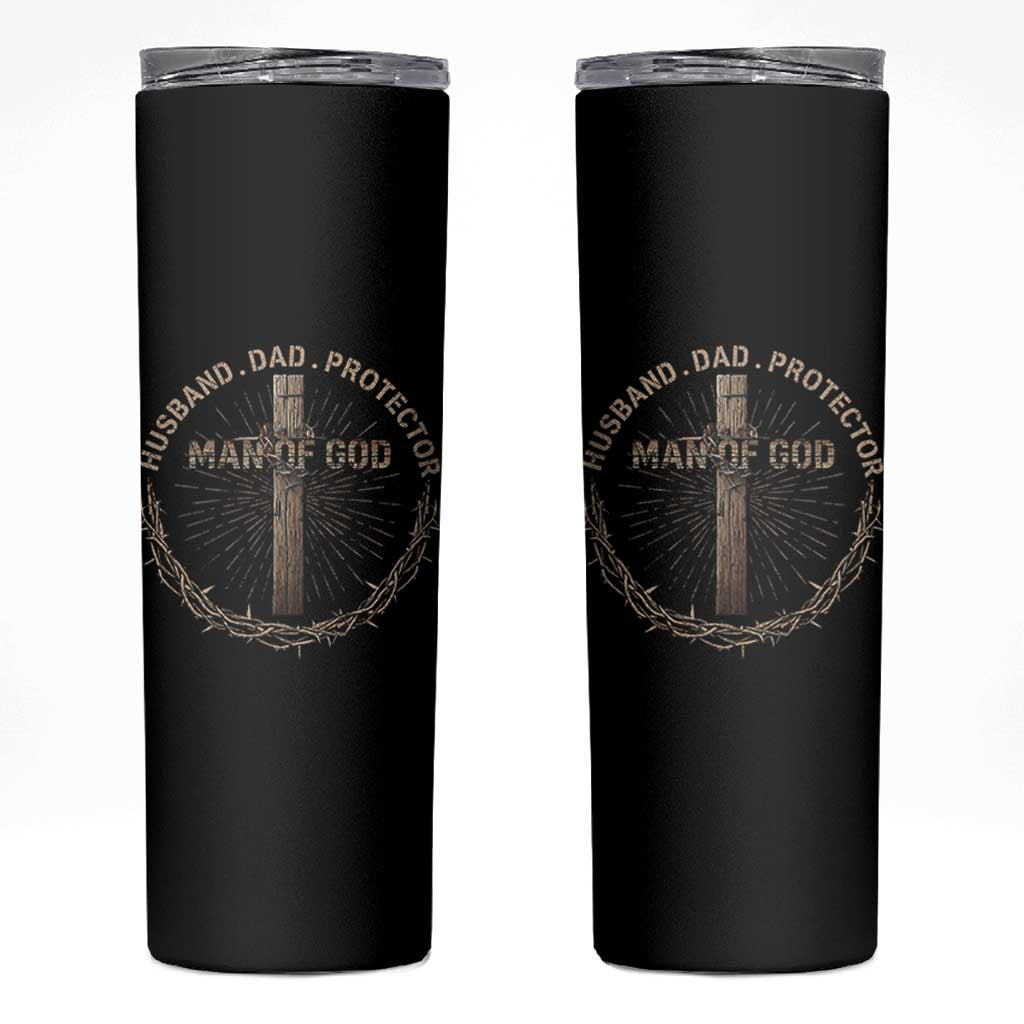 Man Of God Husband Dad Protector Skinny Tumbler Christian Dad Vintage Jesus Cross