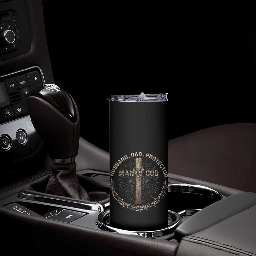 Man Of God Husband Dad Protector Skinny Tumbler Christian Dad Vintage Jesus Cross