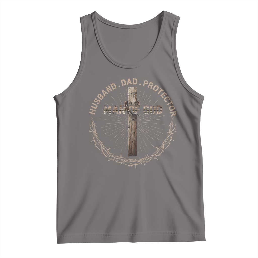 Man Of God Husband Dad Protector Tank Top Christian Dad Vintage Jesus Cross