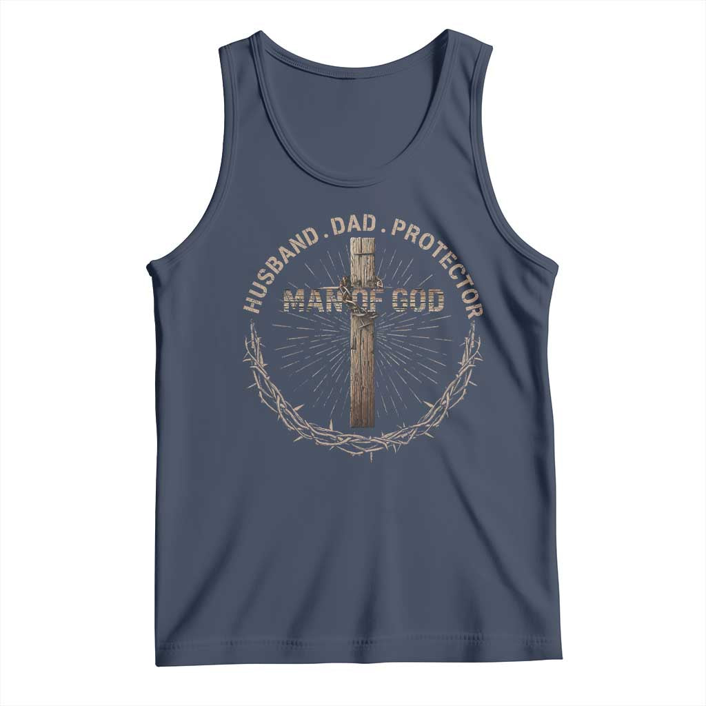 Man Of God Husband Dad Protector Tank Top Christian Dad Vintage Jesus Cross