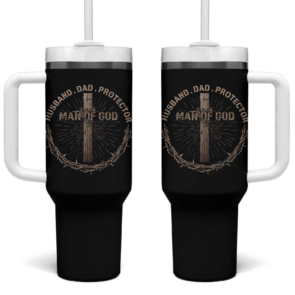 Man Of God Husband Dad Protector Tumbler With Handle Christian Dad Vintage Jesus Cross