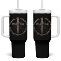 Man Of God Husband Dad Protector Tumbler With Handle Christian Dad Vintage Jesus Cross