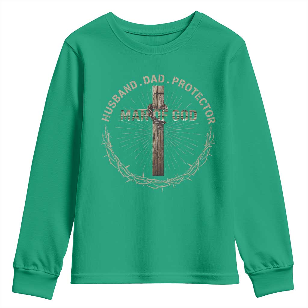 Man Of God Husband Dad Protector Youth Sweatshirt Christian Dad Vintage Jesus Cross