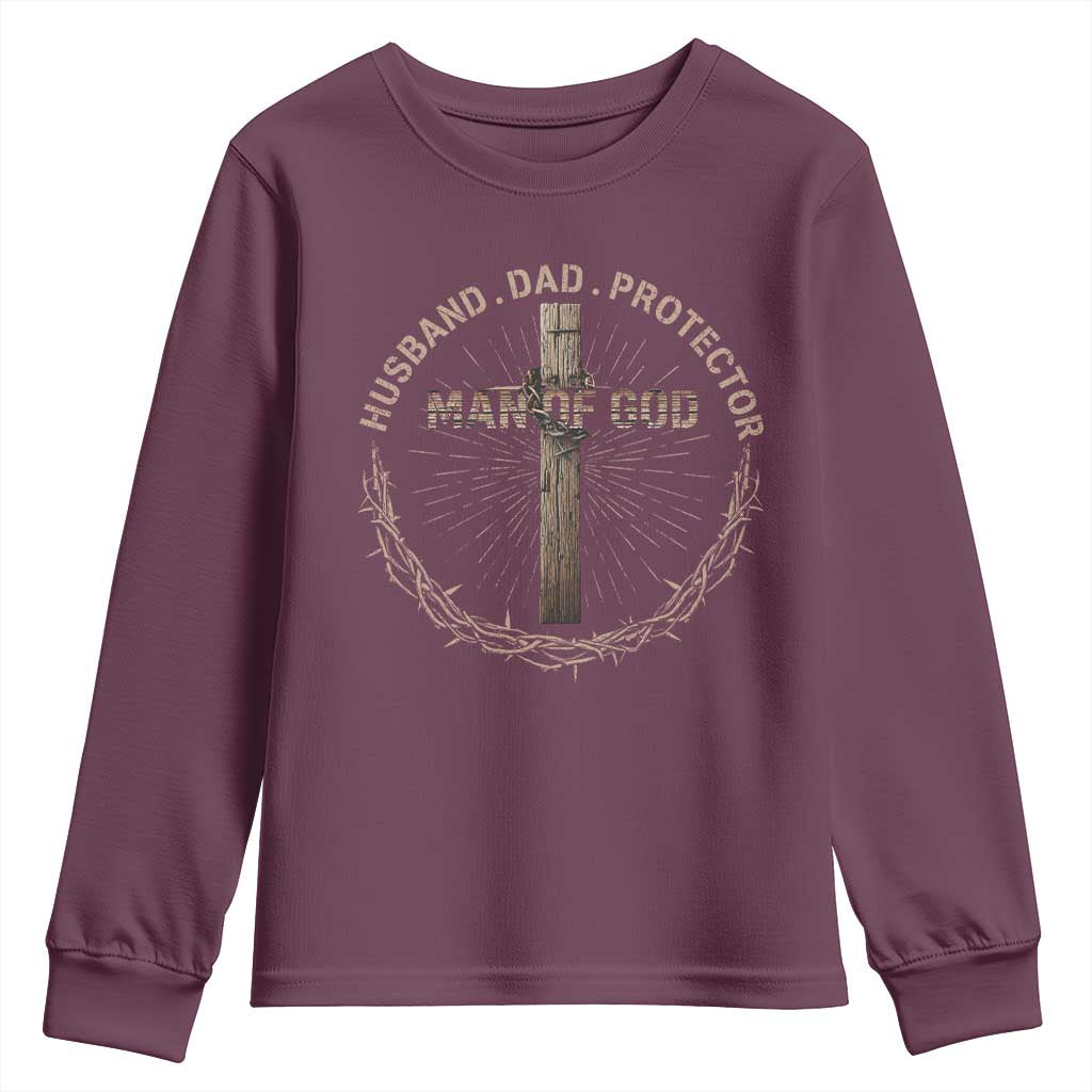 Man Of God Husband Dad Protector Youth Sweatshirt Christian Dad Vintage Jesus Cross