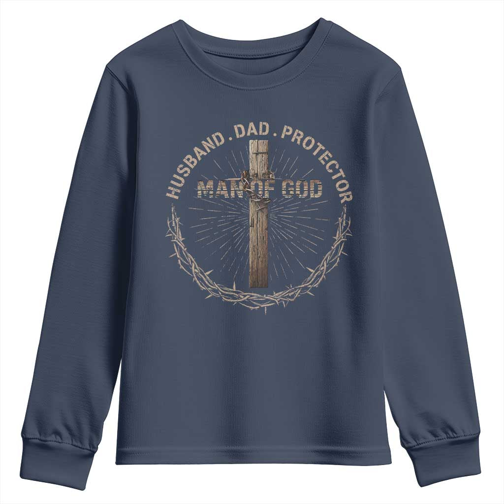 Man Of God Husband Dad Protector Youth Sweatshirt Christian Dad Vintage Jesus Cross