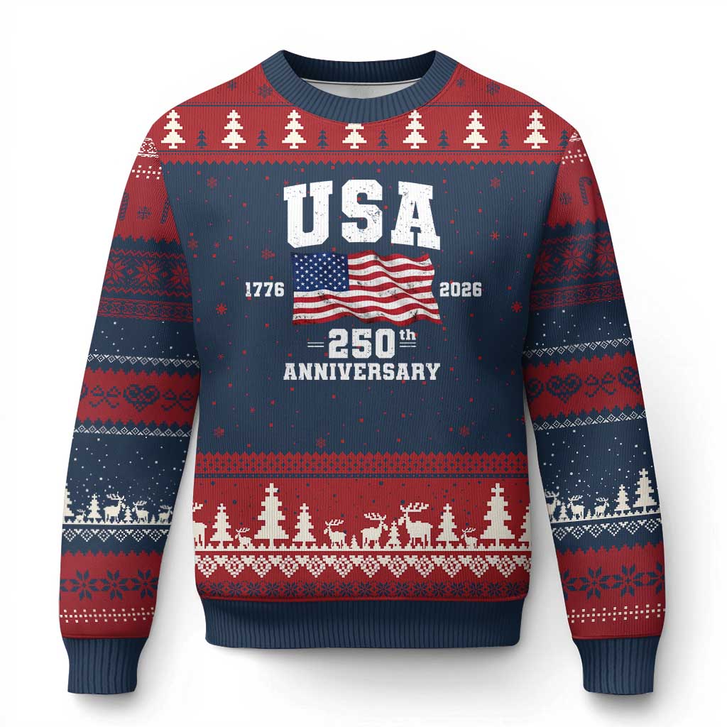 250th Anniversary USA 4th of July America US Flag Patriotic Ugly Christmas Sweater