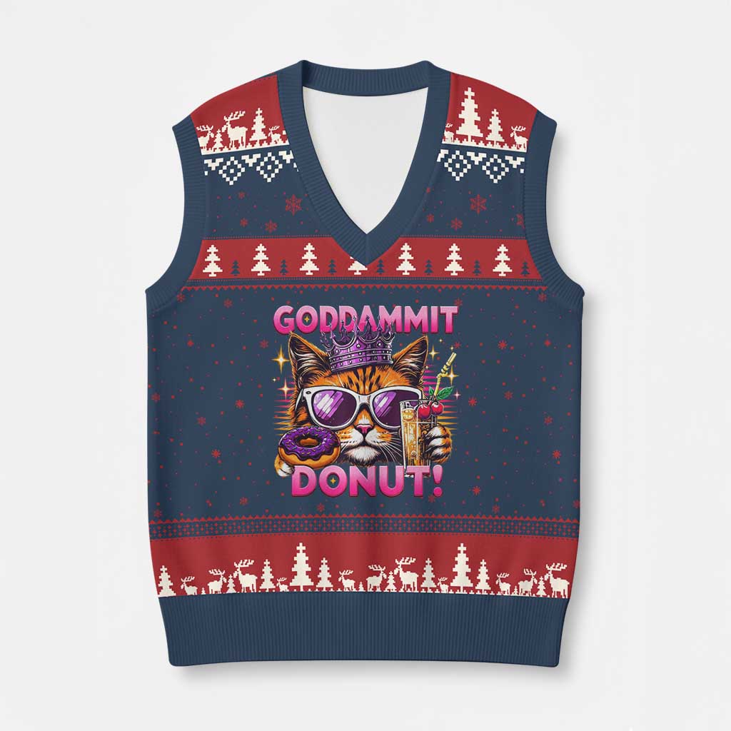 Funny Goddammit Cat Princess Meme V-Neck Knit Sweater Vest Cartoon Style