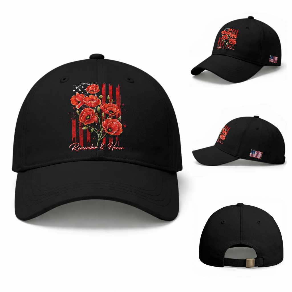 Remember And Honor Memorial Day Baseball Cap Red Poppy Flowers
