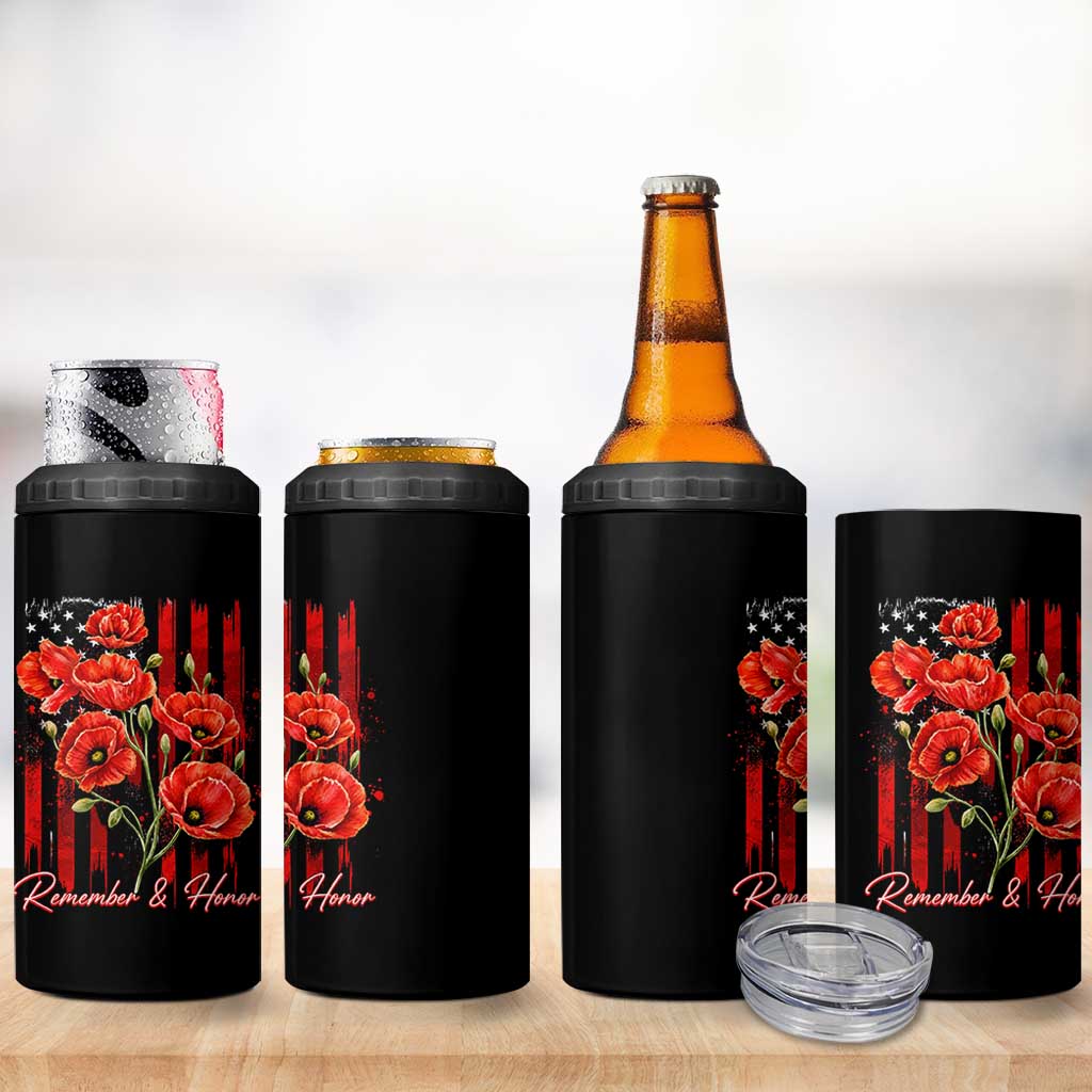 Remember And Honor Memorial Day 4 in 1 Can Cooler Tumbler Red Poppy Flowers
