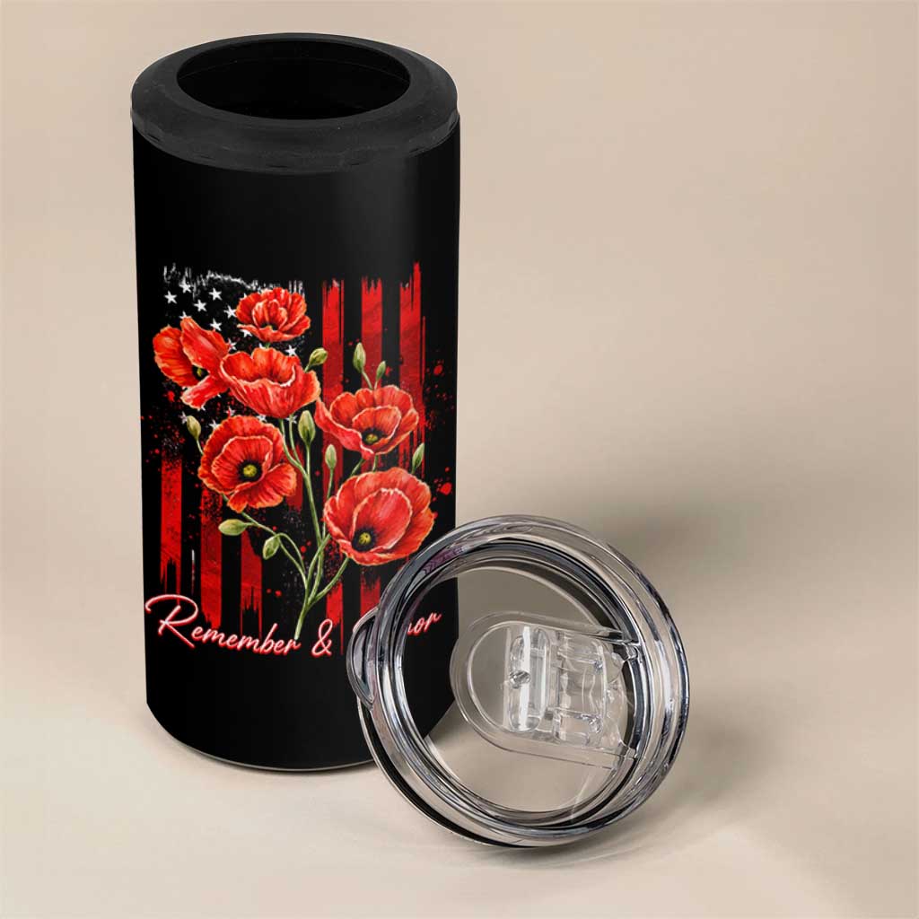 Remember And Honor Memorial Day 4 in 1 Can Cooler Tumbler Red Poppy Flowers