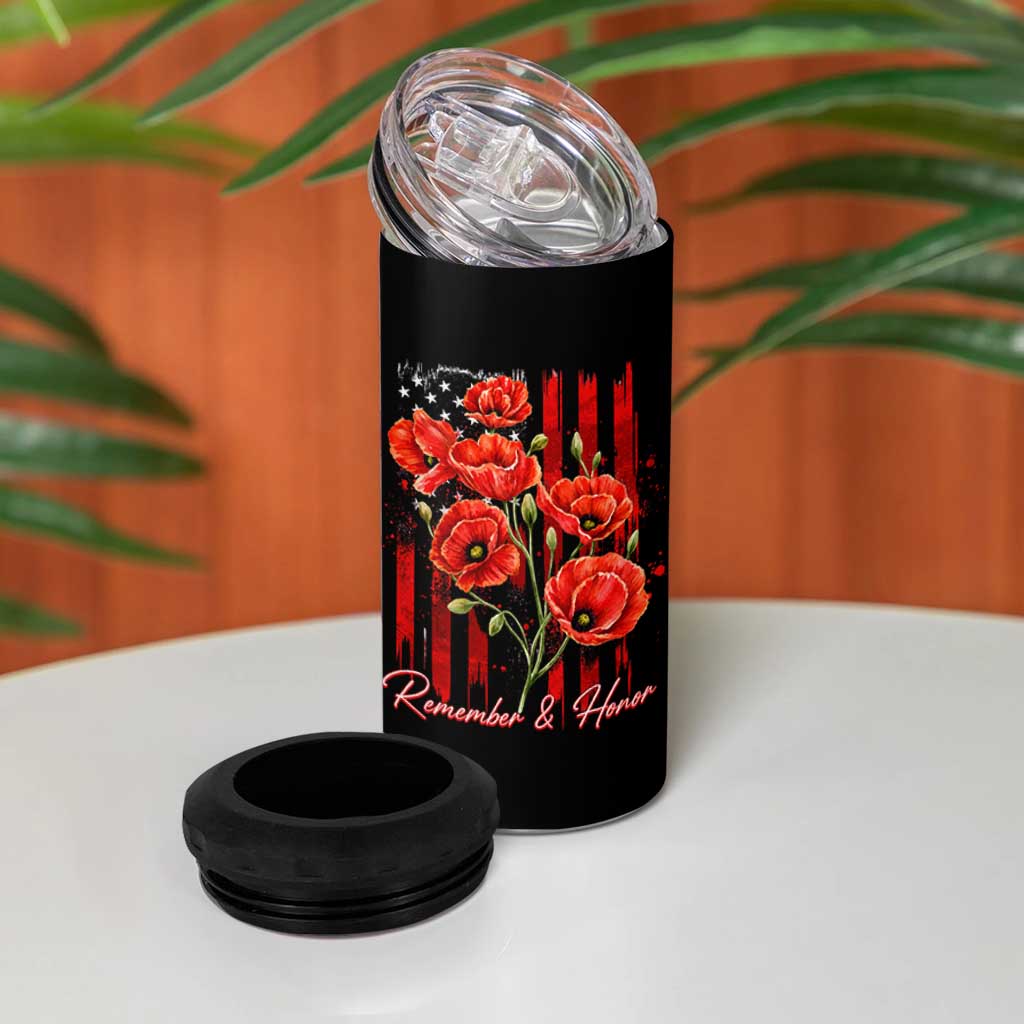 Remember And Honor Memorial Day 4 in 1 Can Cooler Tumbler Red Poppy Flowers