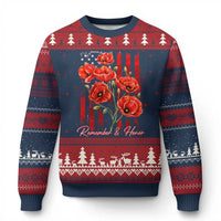 Remember And Honor Memorial Day Ugly Christmas Sweater Red Poppy Flowers