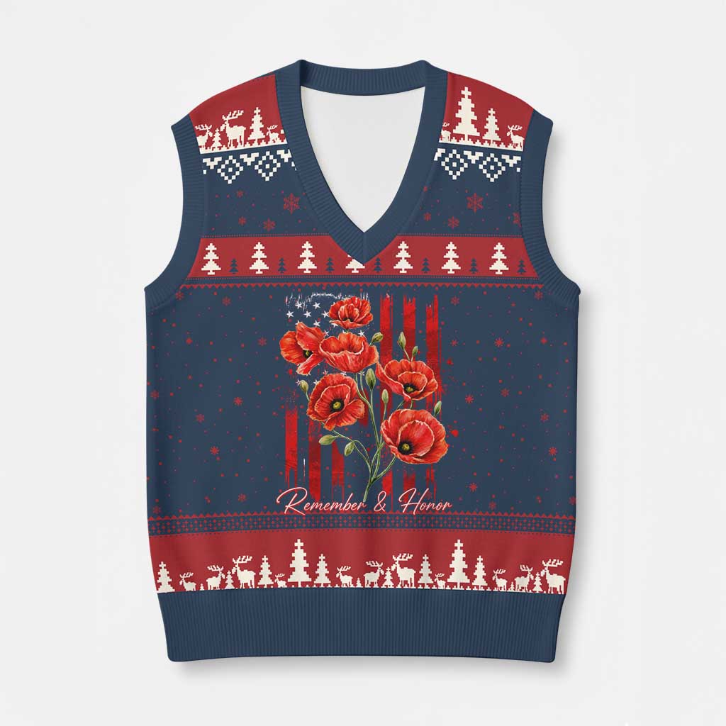 Remember And Honor Memorial Day V-Neck Knit Sweater Vest Red Poppy Flowers