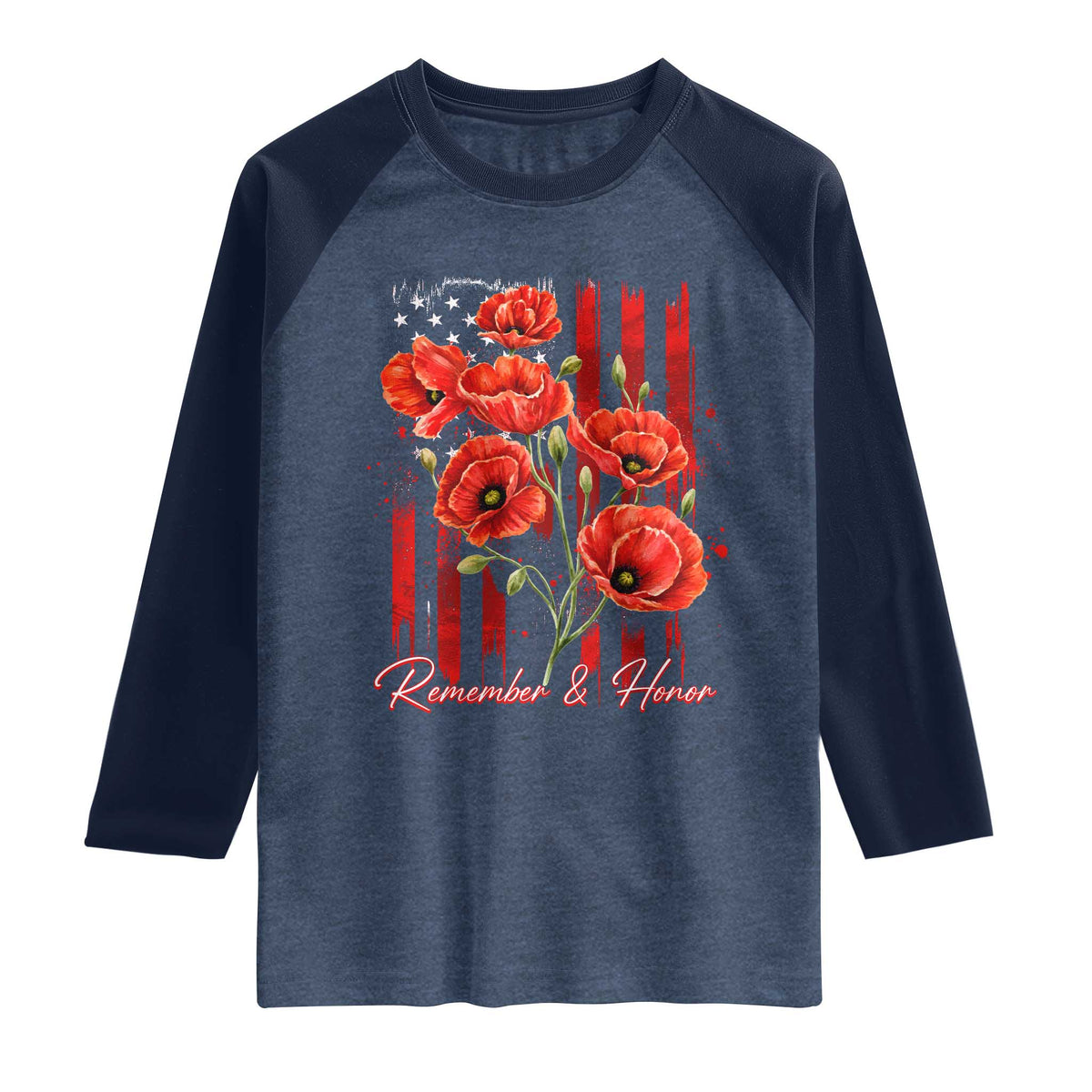 Remember And Honor Memorial Day Raglan Shirt Red Poppy Flowers