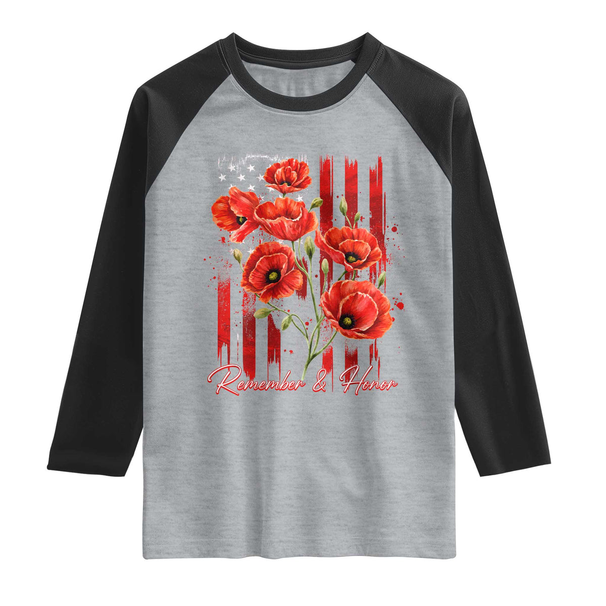 Remember And Honor Memorial Day Raglan Shirt Red Poppy Flowers