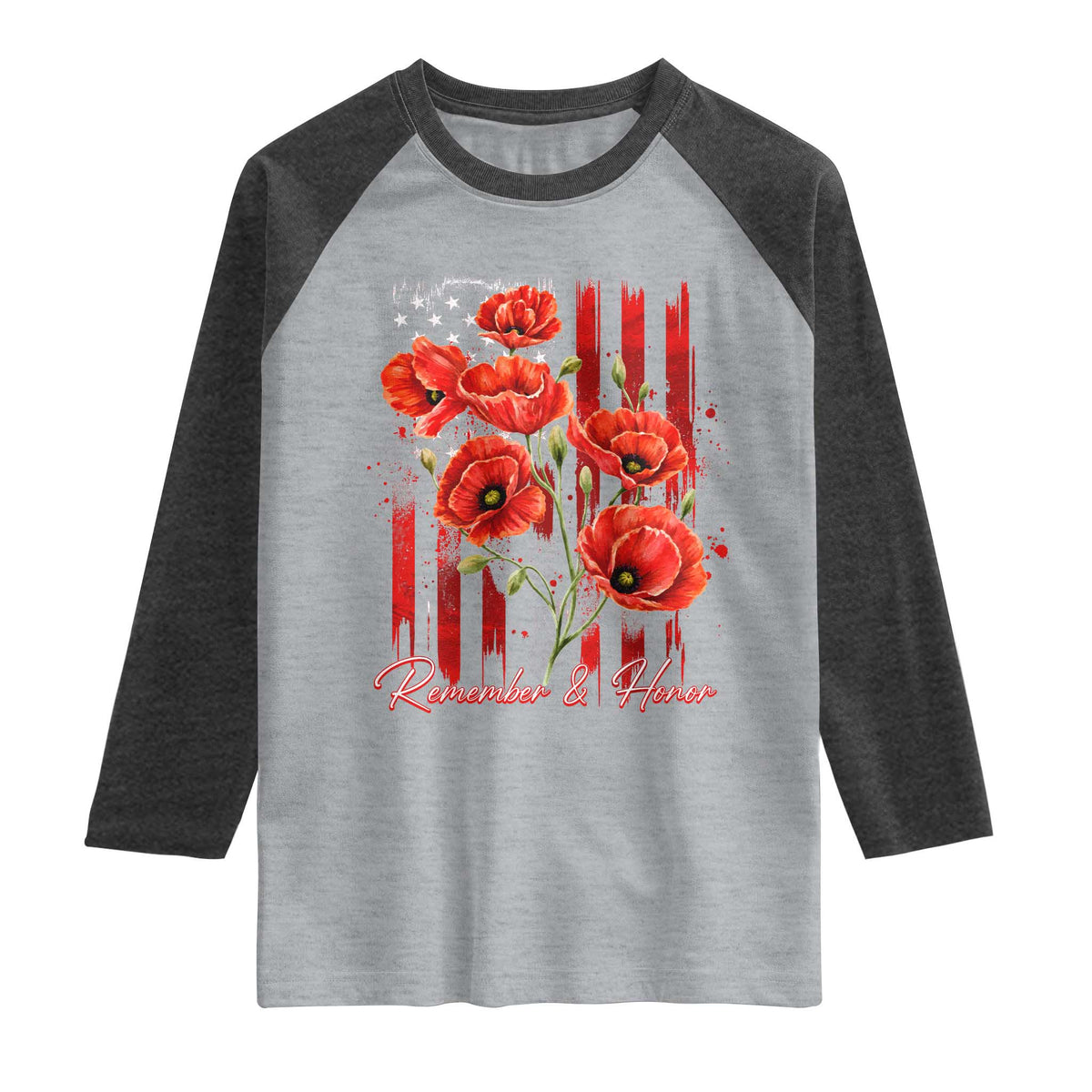 Remember And Honor Memorial Day Raglan Shirt Red Poppy Flowers