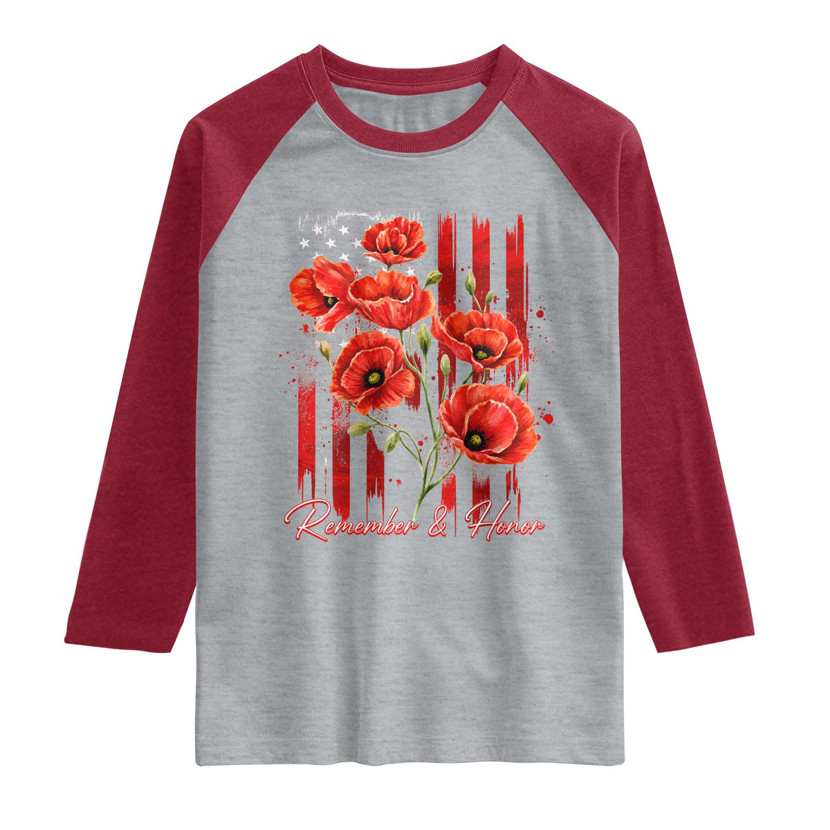 Remember And Honor Memorial Day Raglan Shirt Red Poppy Flowers