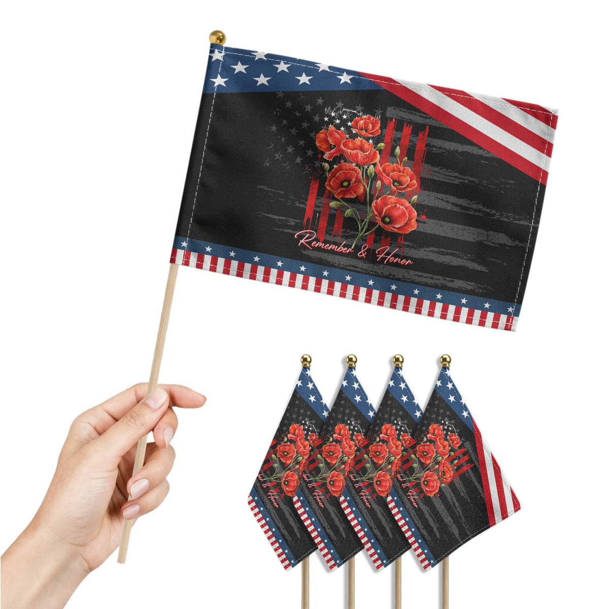 Remember And Honor Memorial Day Patriotic Handheld Flag Red Poppy Flowers