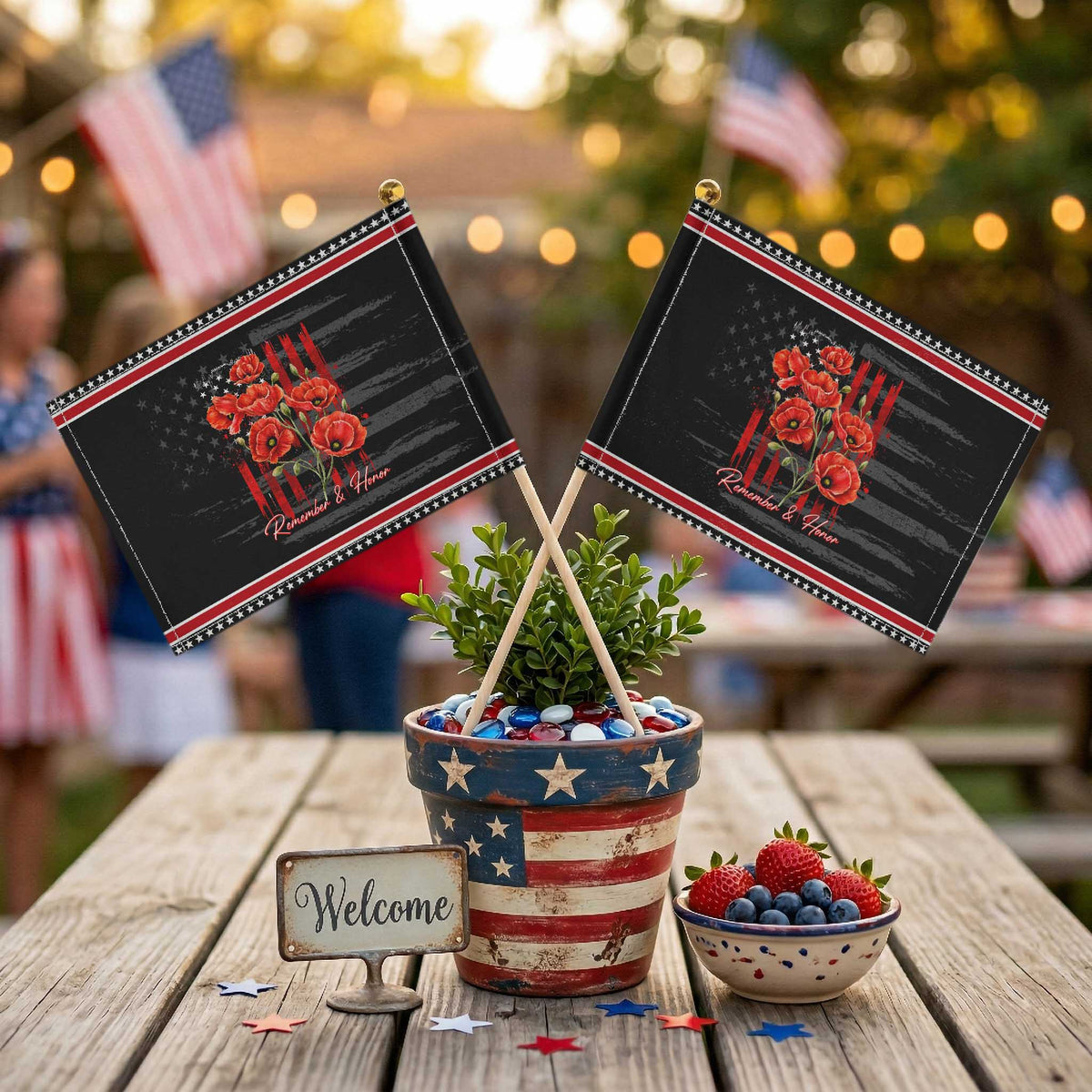 Remember And Honor Memorial Day Patriotic Handheld Flag Red Poppy Flowers