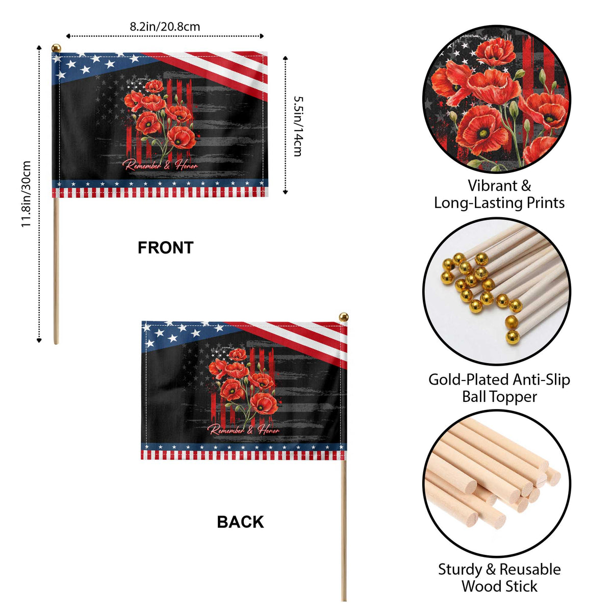 Remember And Honor Memorial Day Patriotic Handheld Flag Red Poppy Flowers