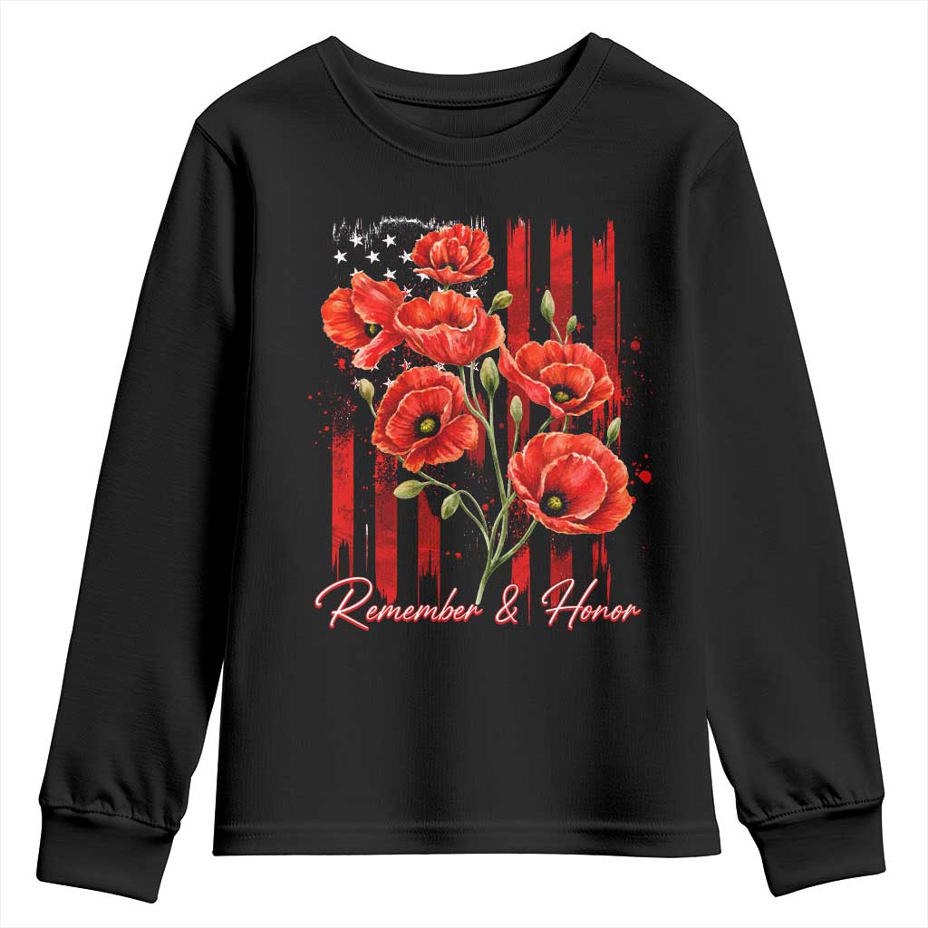 Remember And Honor Memorial Day Youth Sweatshirt Red Poppy Flowers