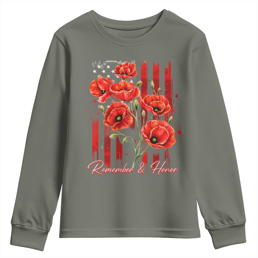 Remember And Honor Memorial Day Youth Sweatshirt Red Poppy Flowers